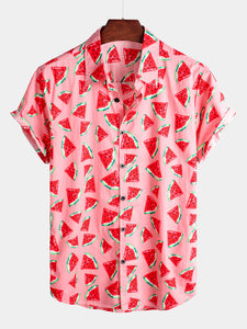 Men's Watermelon Tropical Hawaii Fruit Print Cotton Shirt