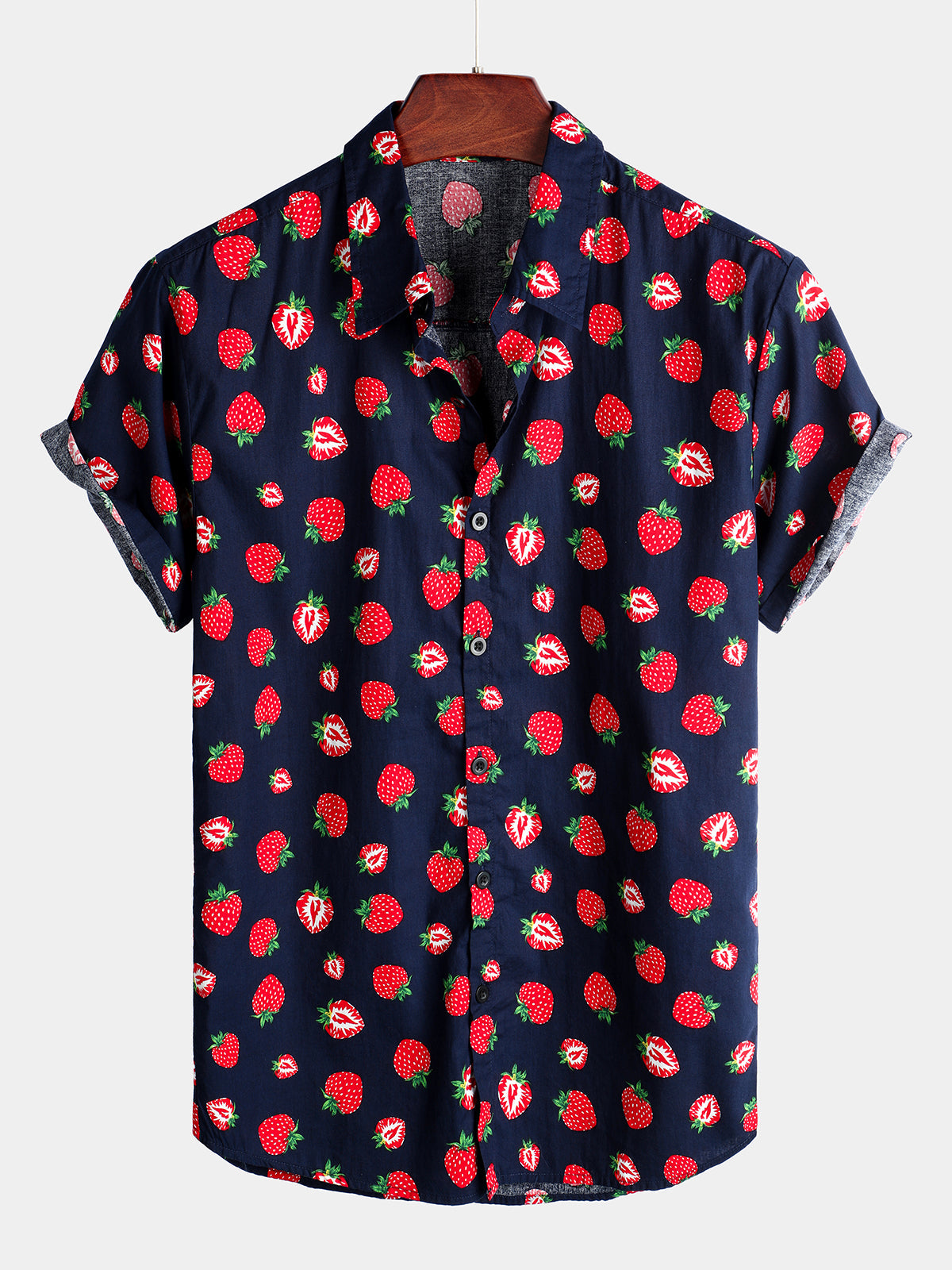 Men's Strawberry Print Fruit Hawaiian Short Sleeve Resort Cotton Collared Shirt