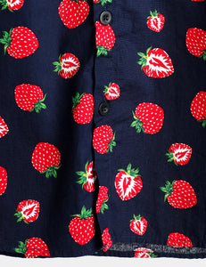 Men's Strawberry Print Fruit Hawaiian Short Sleeve Resort Cotton Collared Shirt