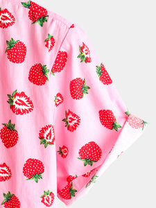 Men's Strawberry Print Fruit Hawaiian Short Sleeve Resort Cotton Collared Shirt