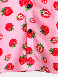 Men's Strawberry Print Fruit Hawaiian Short Sleeve Resort Cotton Collared Shirt