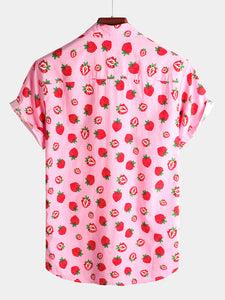 Men's Strawberry Print Fruit Hawaiian Short Sleeve Resort Cotton Collared Shirt