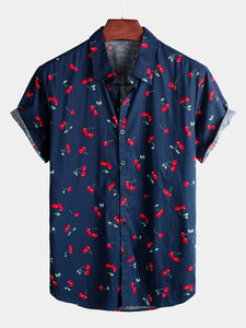 Men's Cherry Print Tropical Hawaiian Cotton Shirt