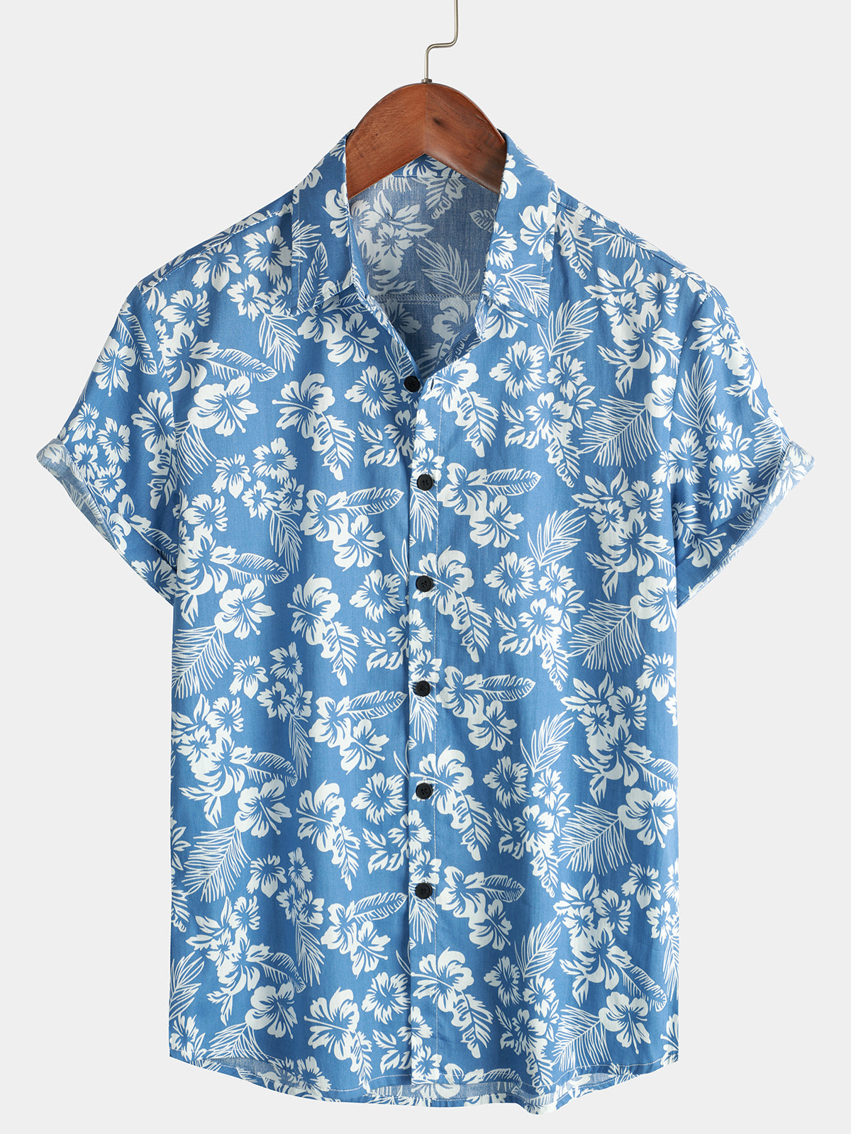 Men's Blue Tropical Floral Plant Leaf Cotton Button Up Short Sleeve Aloha Resort Beach Shirt