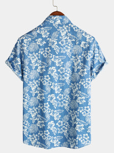 Men's Blue Tropical Floral Plant Leaf Cotton Button Up Short Sleeve Aloha Resort Beach Shirt