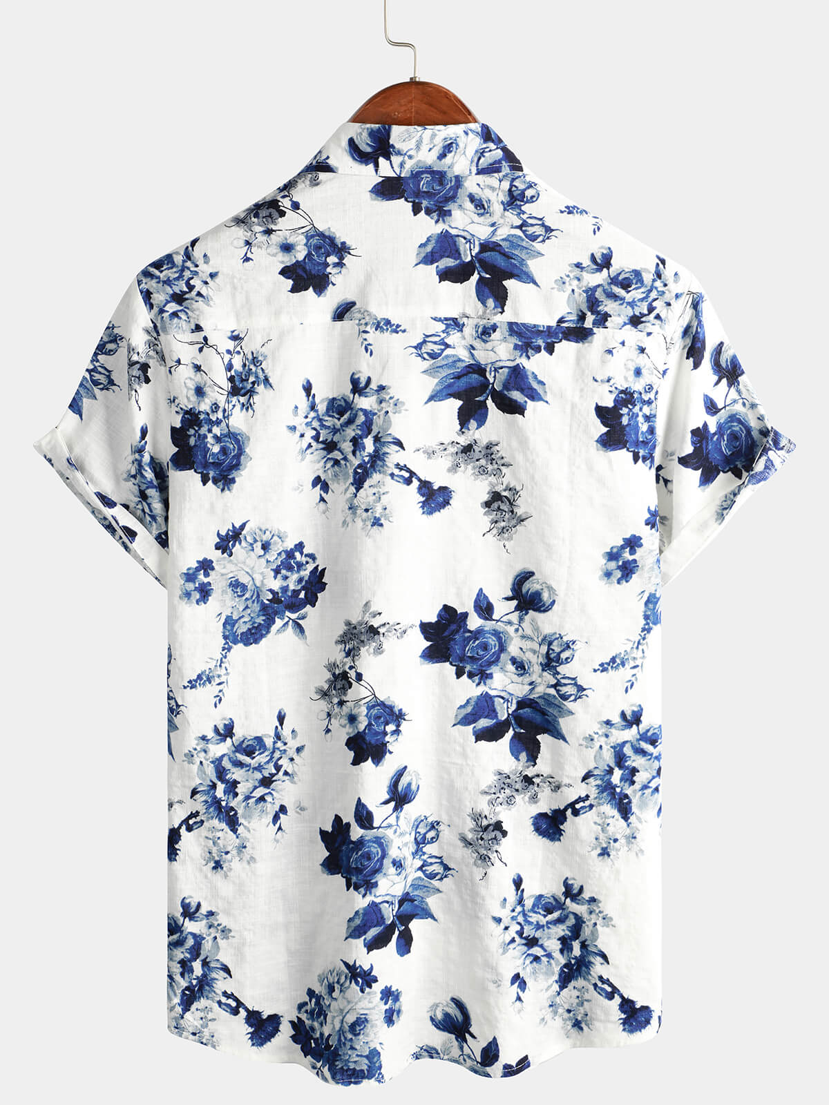 Men's Blue Floral Print Cotton Beach Holiday Button Up Short Sleeve White Lapel Hawaiian Shirt