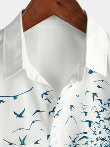 Men's Feather Print Beach Summer Holiday Short Sleeve Button Up Cruise Shirt