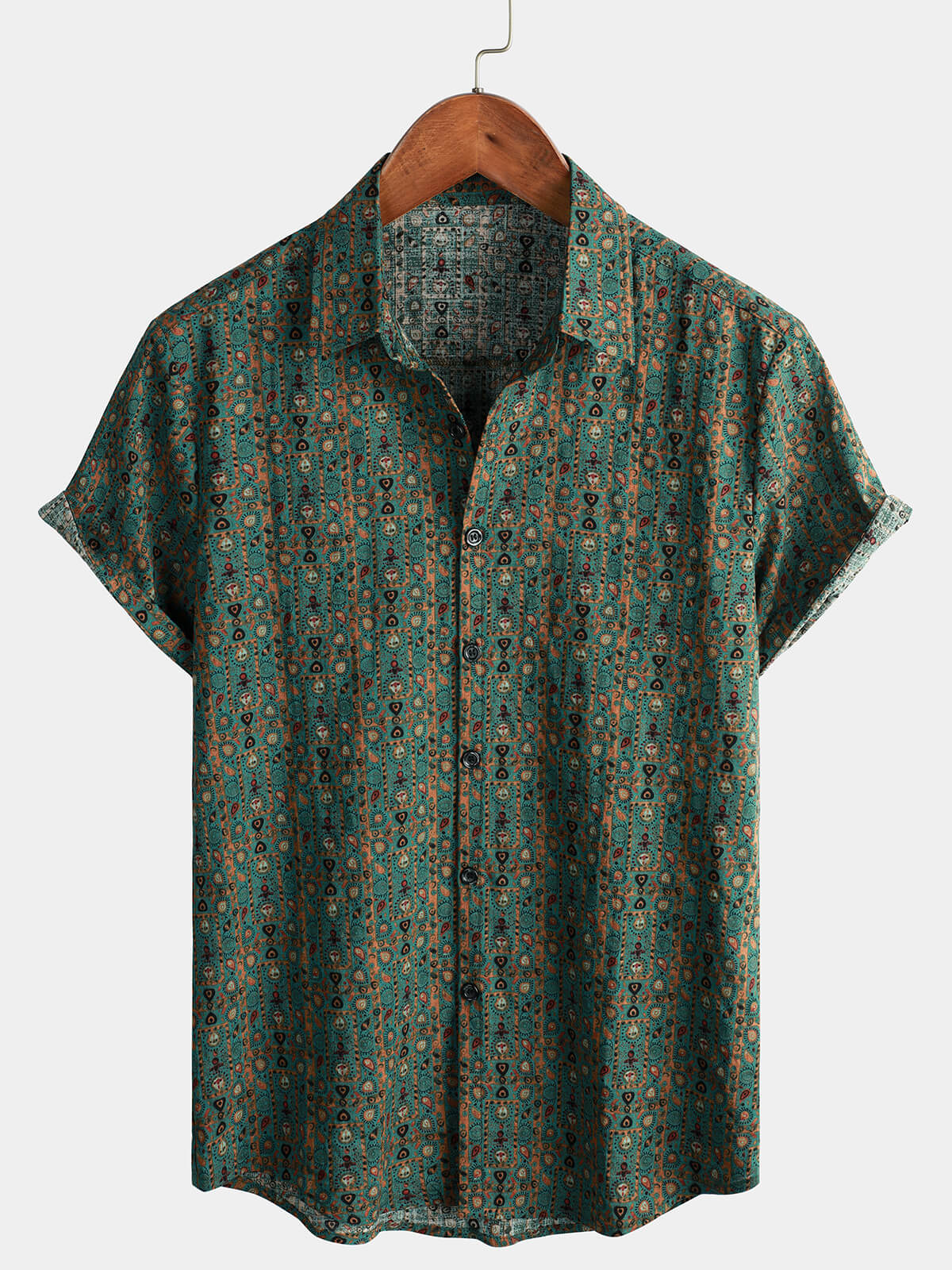 Men's Vintage Paisley Print 70s Button Up Green Boho Retro Tribal Short Sleeve Shirt