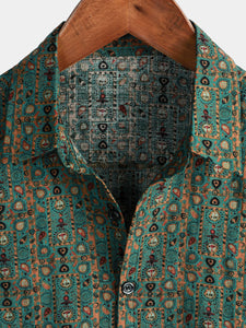 Men's Vintage Paisley Print 70s Button Up Green Boho Retro Tribal Short Sleeve Shirt