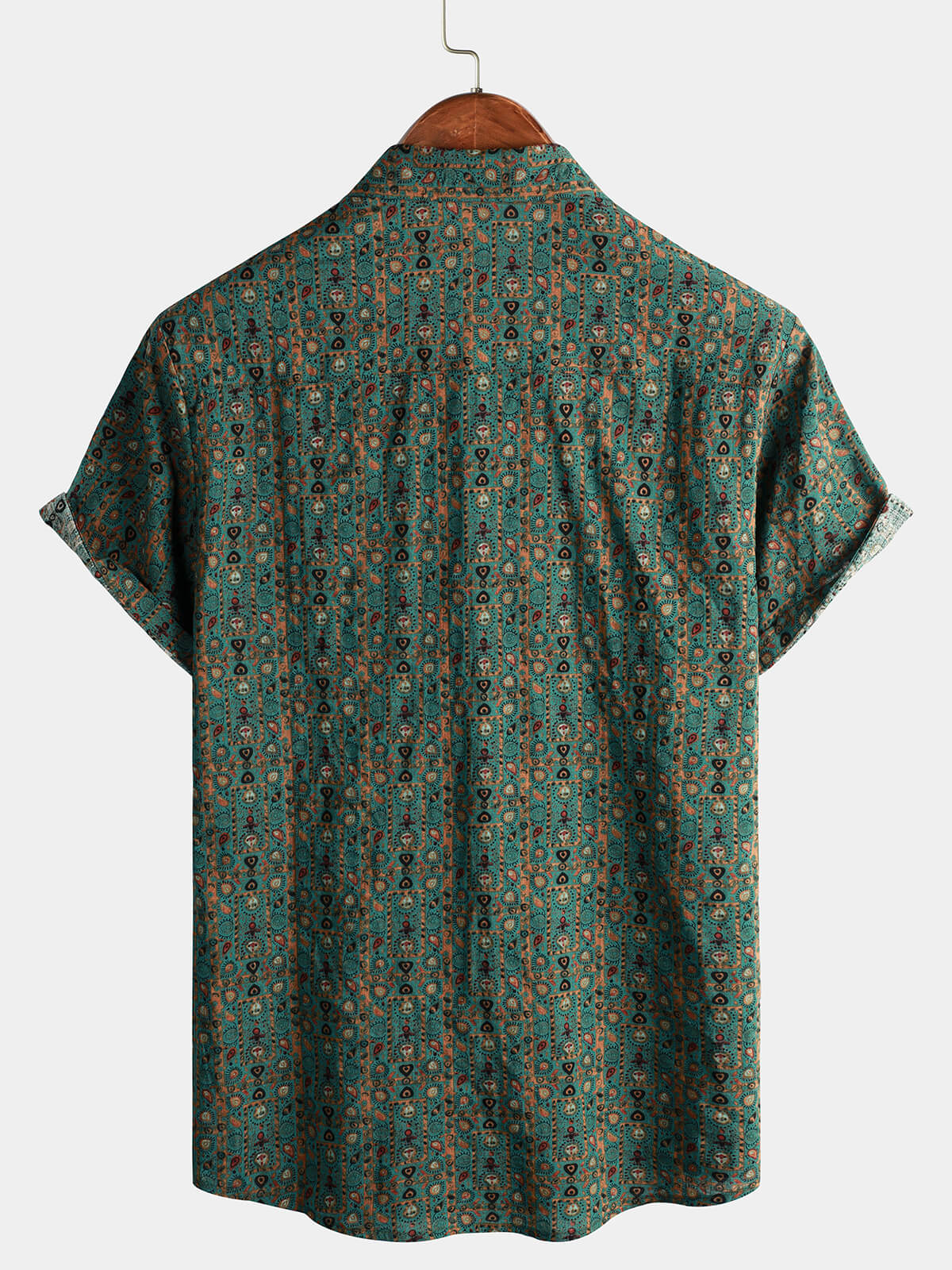 Men's Vintage Paisley Print 70s Button Up Green Boho Retro Tribal Short Sleeve Shirt