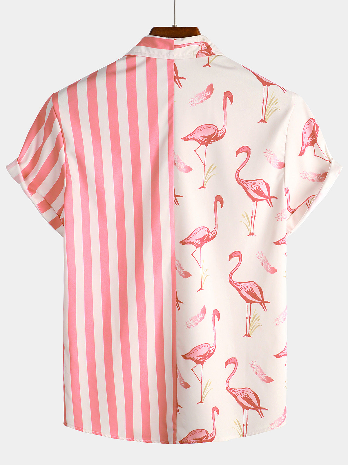 Men's Pink Flamingo & Striped Print Holiday Pocket Short Sleeve Shirt