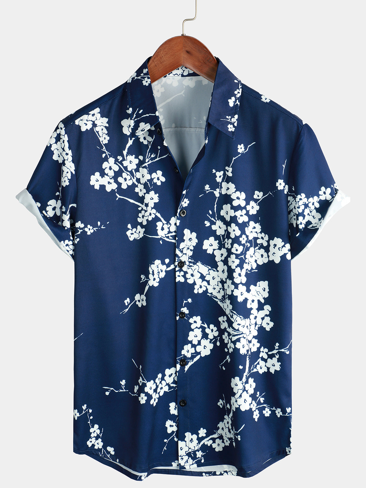 Men's Floral Print Vintage Navy Blue Casual Short Sleeve Lapel Shirt