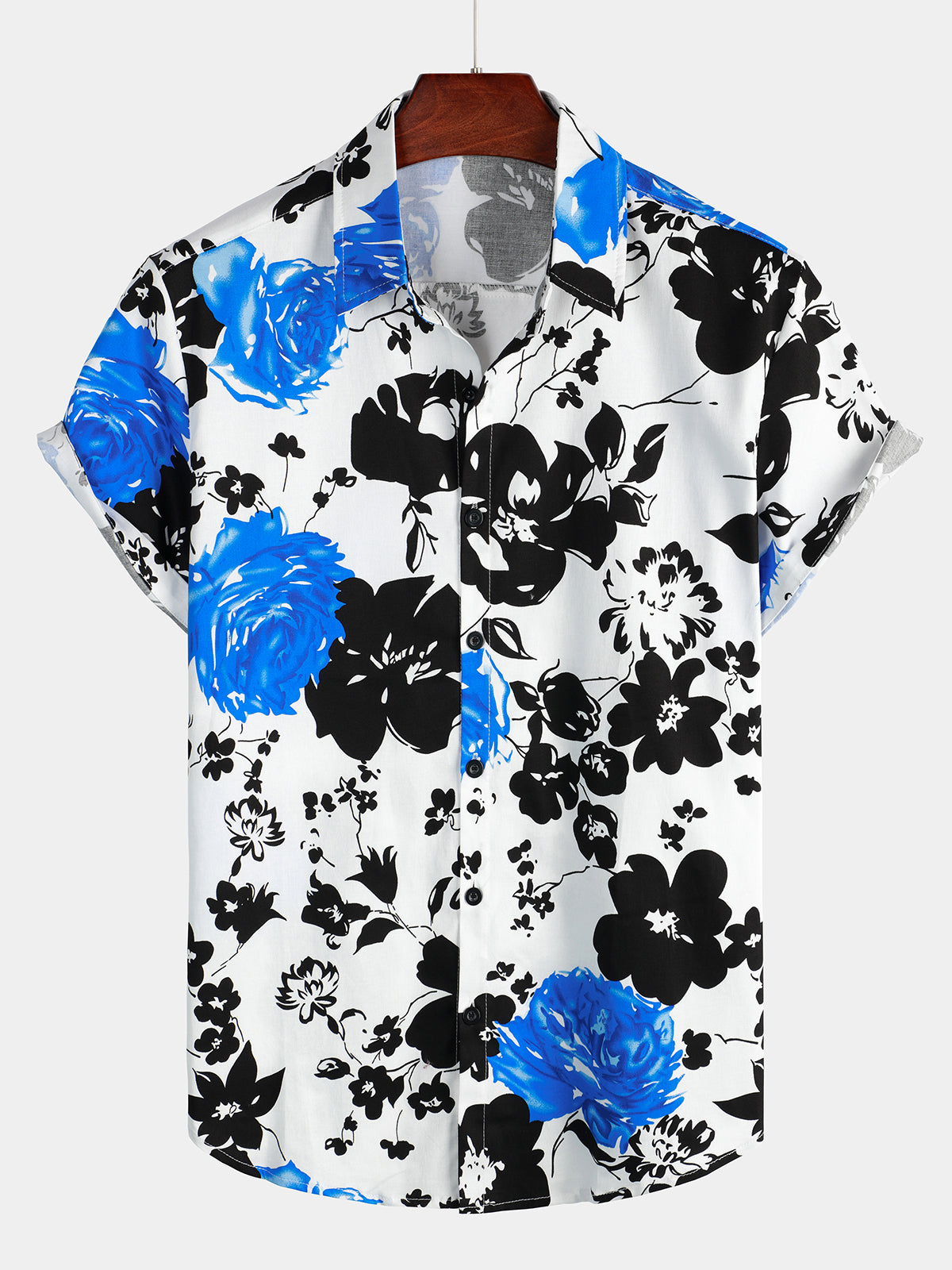 Men's Floral Print Vacation Casual Blue Flower Cotton Short Sleeve Shirt