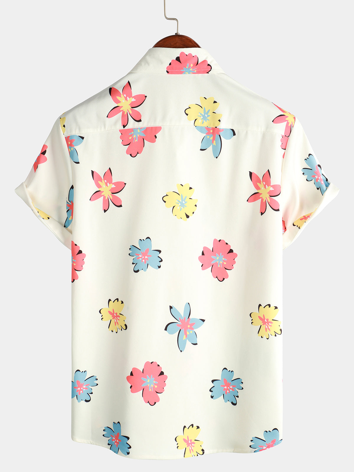 Men's Summer Floral Print White Top Button Up Short Sleeve Shirt