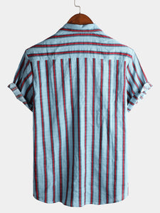 Men's Casual Short Sleeve Blue Striped Shirt