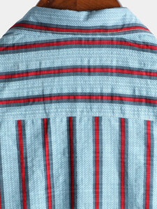 Men's Casual Short Sleeve Blue Striped Shirt