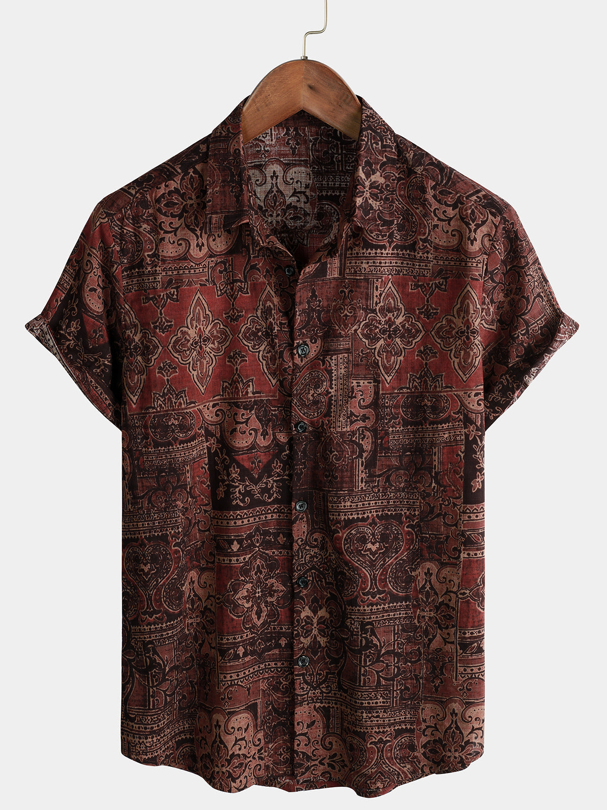 Men's Retro Paisley Floral Print Cotton Button Up Vintage Holiday Western Brown Short Sleeve Shirt