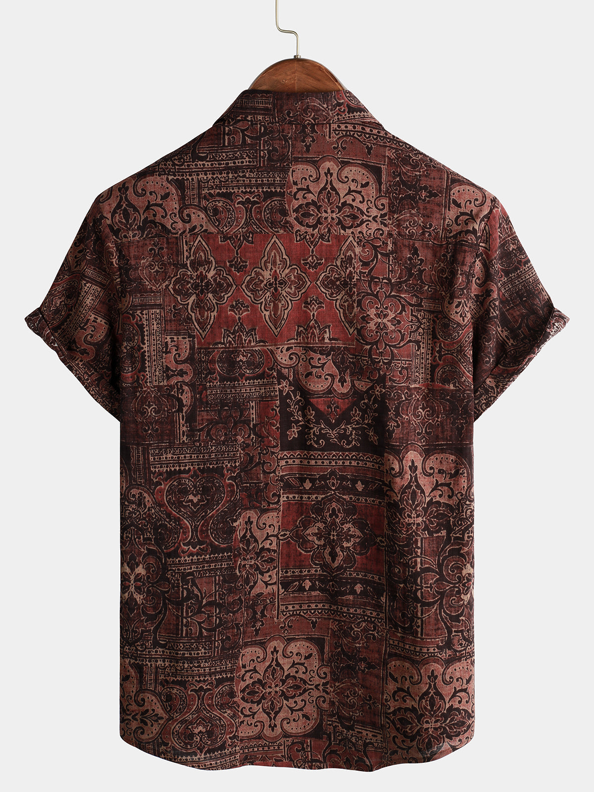 Men's Retro Paisley Floral Print Cotton Button Up Vintage Holiday Western Brown Short Sleeve Shirt