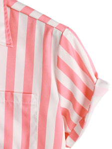 Men's Pink Flamingo & Striped Print Holiday Pocket Short Sleeve Shirt