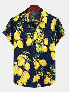 Men's Tropical Yellow Lemon Print Hawaiian Short Sleeve Shirt