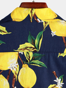 Men's Tropical Yellow Lemon Print Hawaiian Short Sleeve Shirt