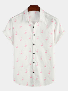 Men's Tropical Flamingo Animal Button Up Casual Hawaiian Holiday Short Sleeve Shirt