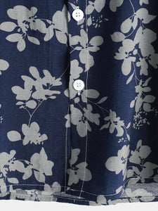 Men's Vintage Floral Print Holiday Navy Blue Button Up Short Sleeve Shirt