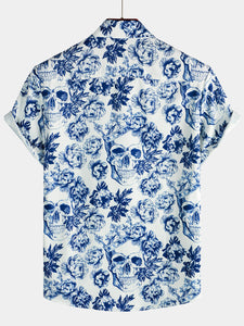 Men's Punk Rock Crown Floral Skull Print Short Sleeve Shirt