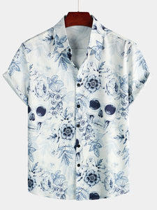 Men's Skull Floral Print Casual Lapel Button Short Sleeve Shirt