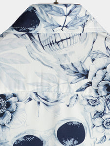 Men's Skull Floral Print Casual Lapel Button Short Sleeve Shirt