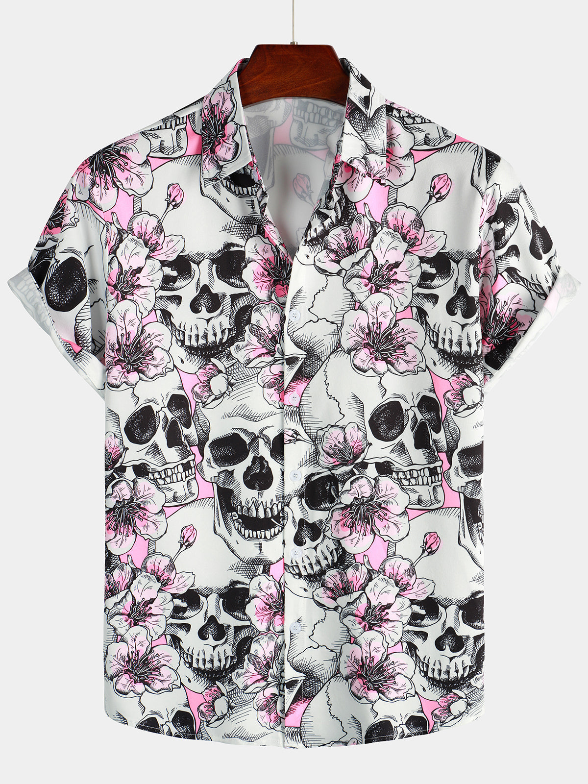 Men's Skull Pink Flowers Button Up Short Sleeve Shirts