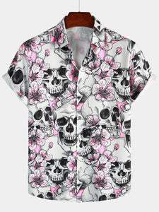 Men's Skull Pink Flowers Button Up Short Sleeve Shirts