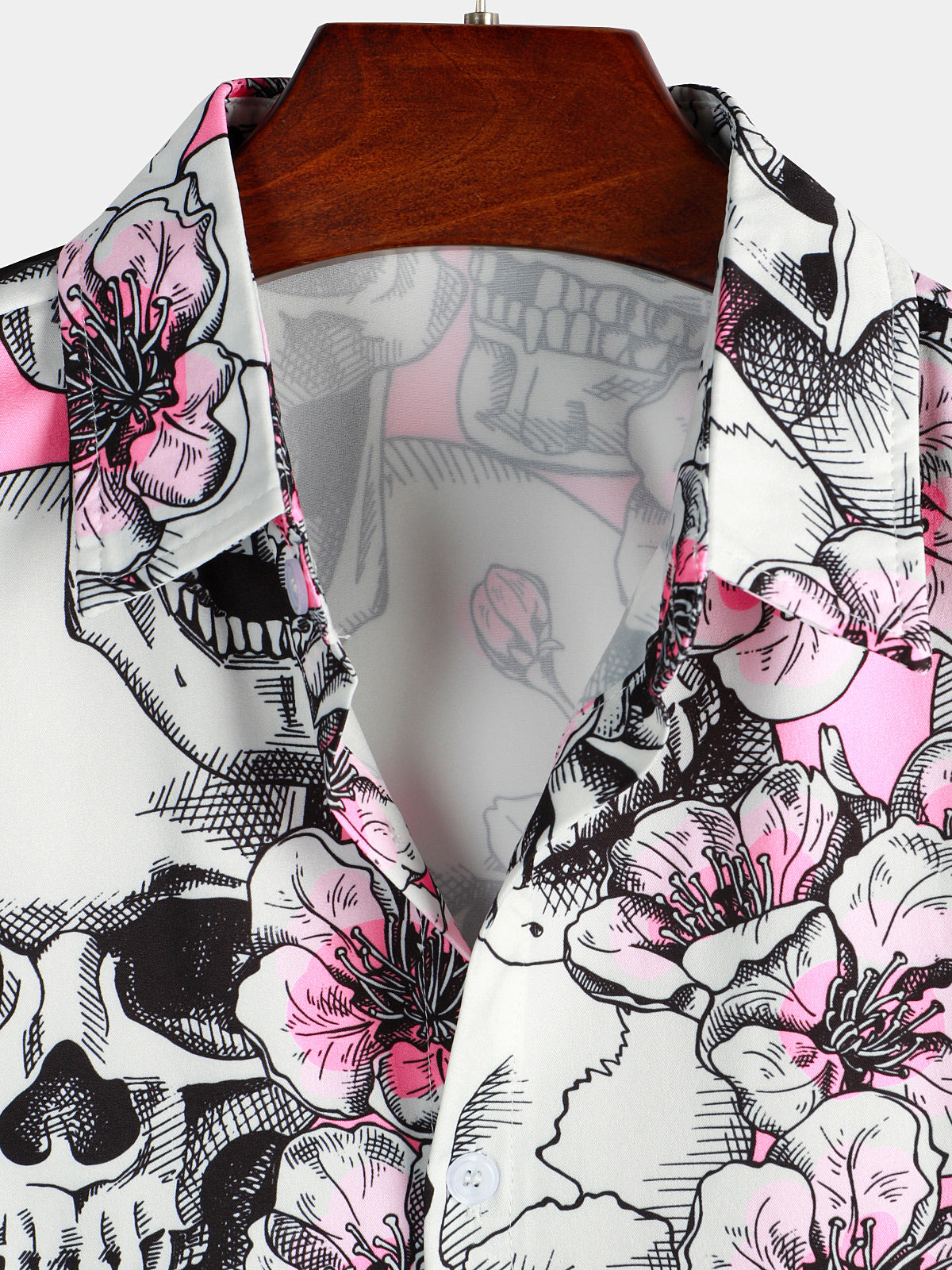 Men's Skull Pink Flowers Button Up Short Sleeve Shirts