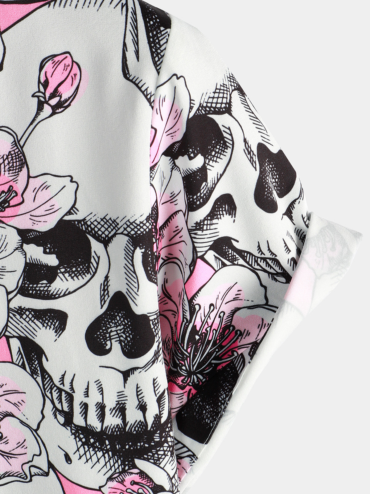 Men's Skull Pink Flowers Button Up Short Sleeve Shirts