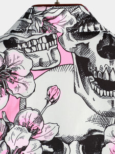 Men's Skull Pink Flowers Button Up Short Sleeve Shirts