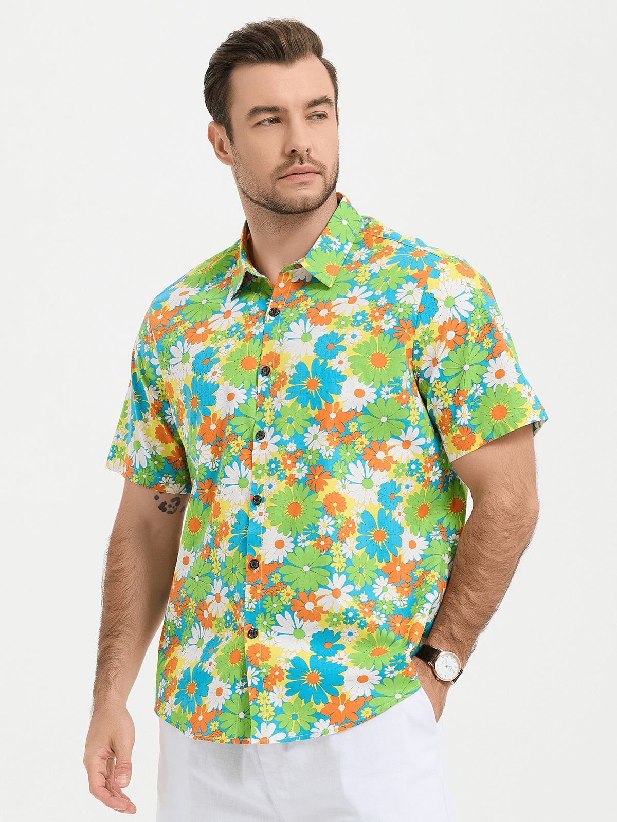 Men's Green Floral Cotton Tropical Hawaiian Shirt