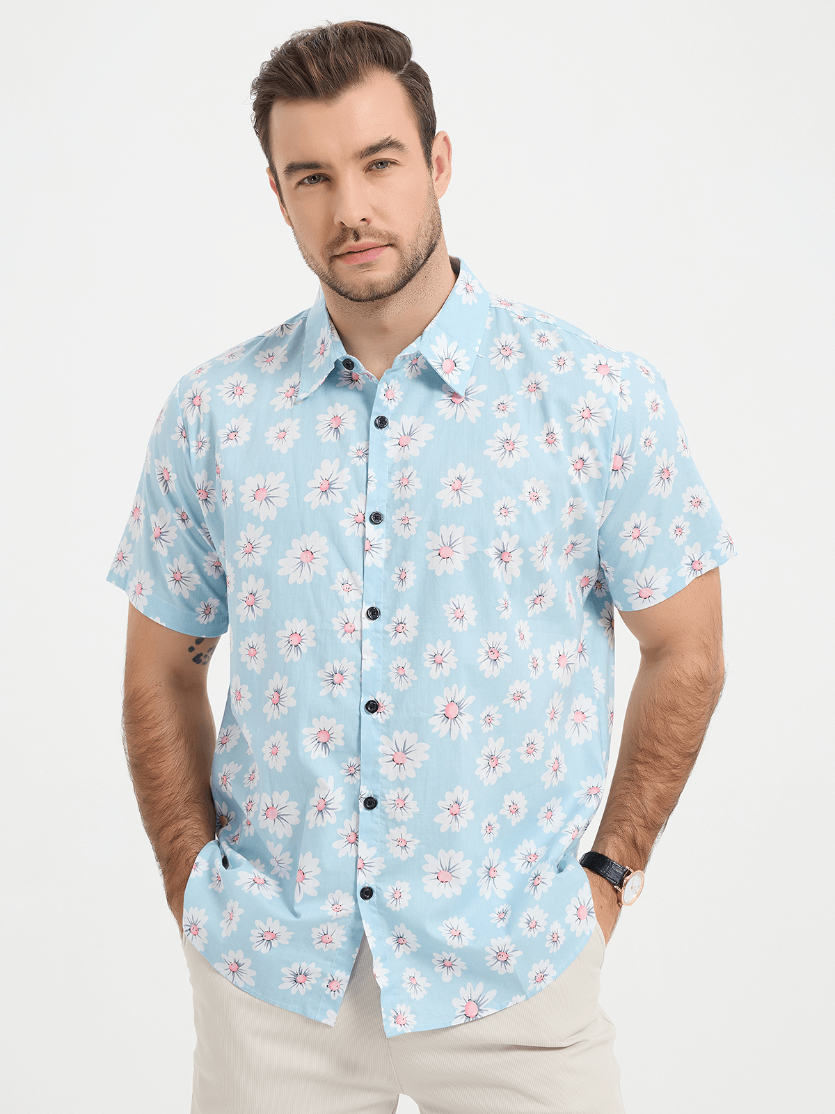 Men's Floral Daisy Print Hawaiian Cotton Button Up Summer Short Sleeve Flower Shirt