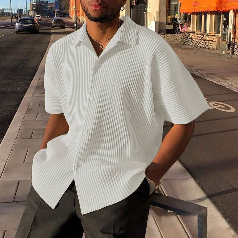 Men's Solid Striped Loose Lapel Short Sleeve Shirt 66620185Z