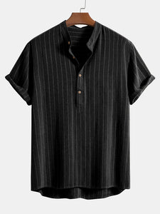 Linen Blend Striped Half Open Placket Henley Collar Shirt