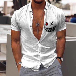 Men's Casual Cartoon Smiley Print Lapel Short Sleeve Shirt 15978674Y