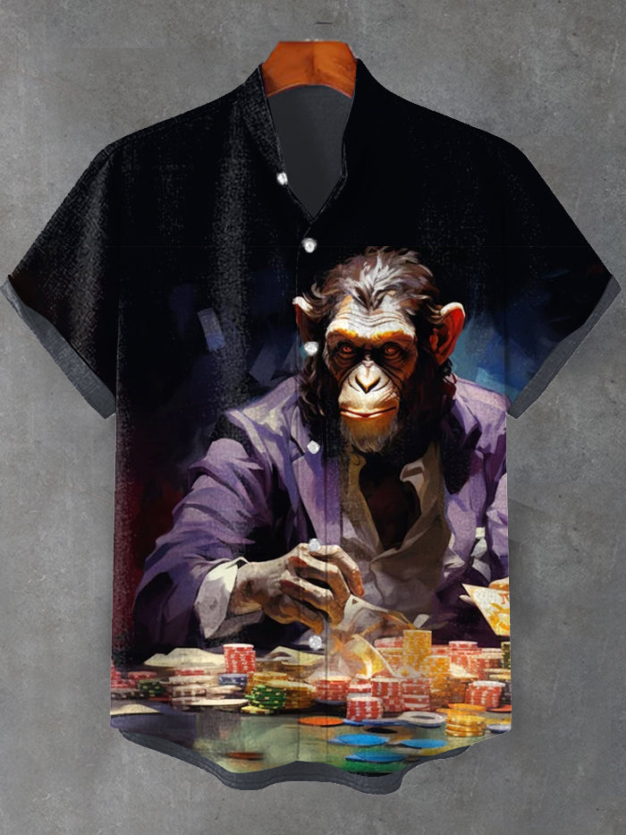 Men's Monkey Gentleman Game Player Oil Painting Print Shirt