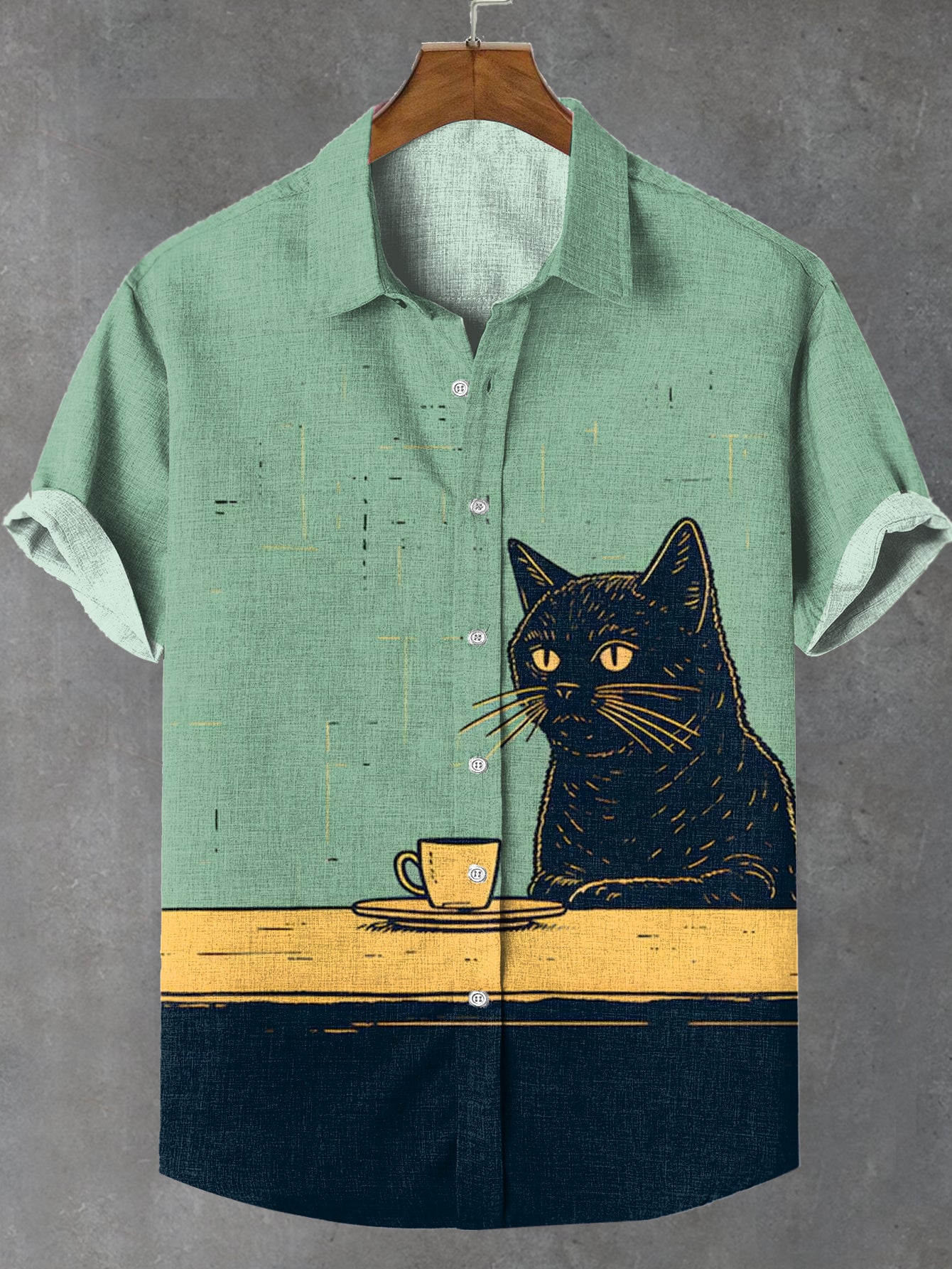 Men's Black Cat Chilling Coffee Art Linen Blend Shirt