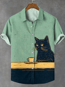 Men's Black Cat Chilling Coffee Art Linen Blend Shirt