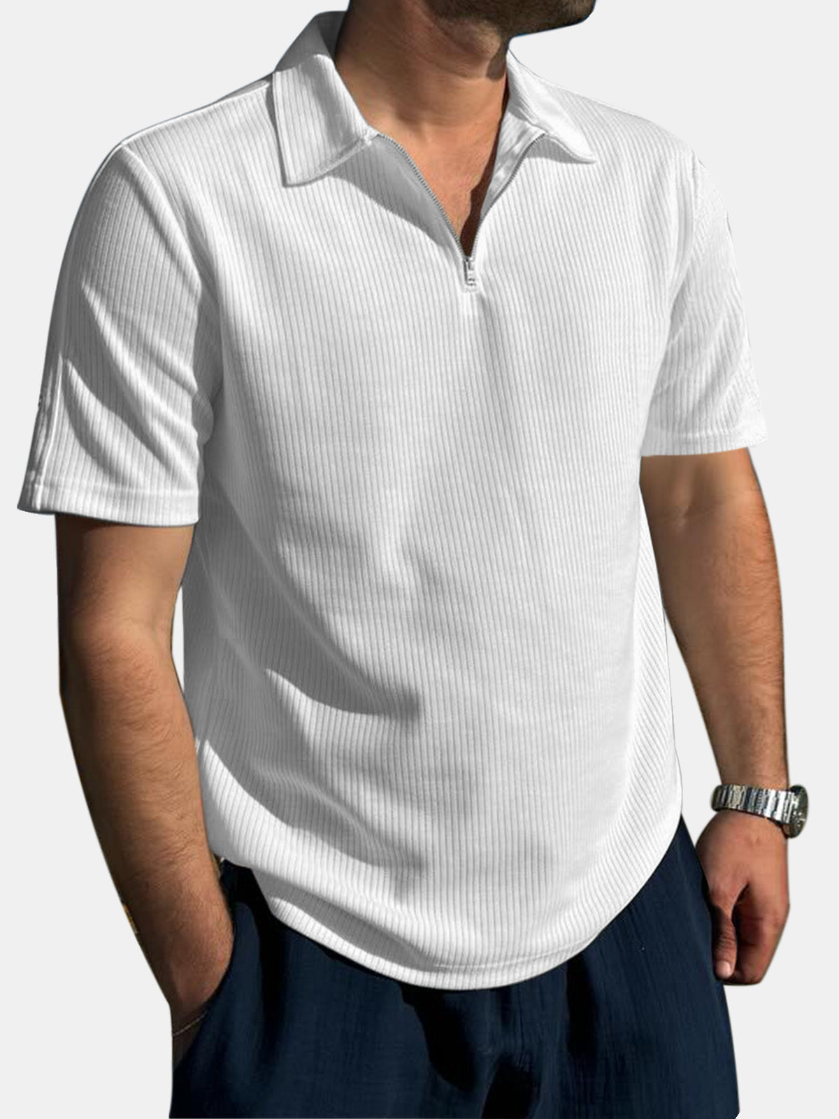 Men's Daily Solid Color Vertical Zipper Short-sleeved Polo Shirt