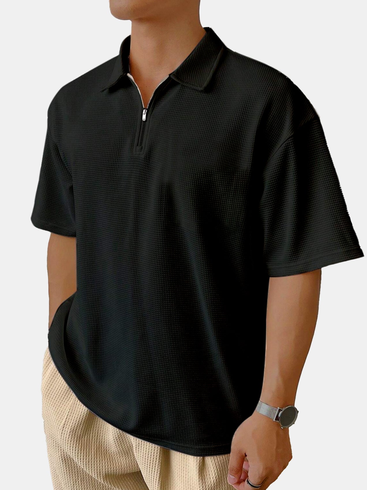 Men's Casual Daily Solid Color Waffle Zipper Short-sleeved Polo Shirt