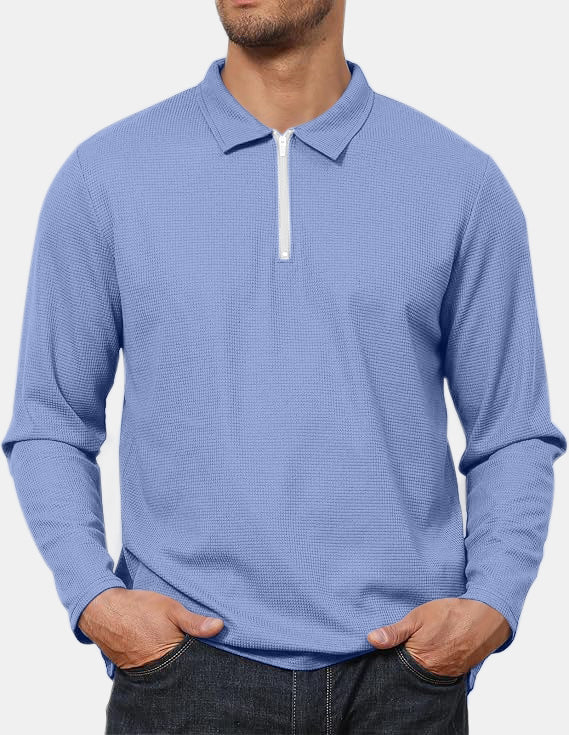 Men's Everyday Casual Comfortable Waffle Long Sleeve Zipper POLO Shirt