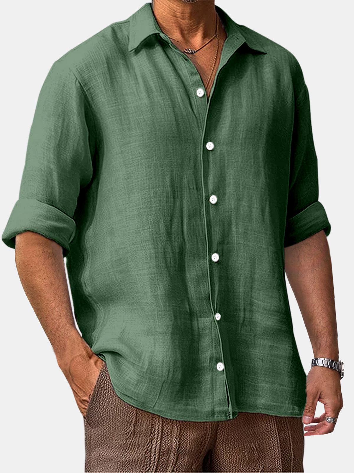 Men's Autumn Comfortable Solid Color Cotton And Linen Loose Long-sleeved Shirt