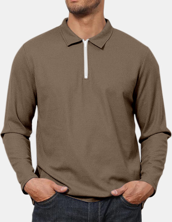 Men's Everyday Casual Comfortable Waffle Long Sleeve Zipper POLO Shirt