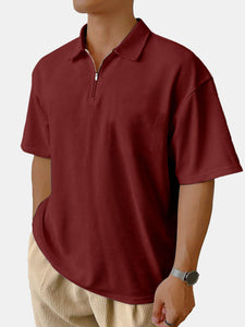 Men's Casual Daily Solid Color Waffle Zipper Short-sleeved Polo Shirt