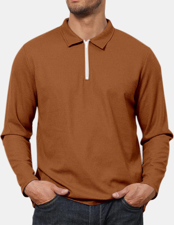 Men's Everyday Casual Comfortable Waffle Long Sleeve Zipper POLO Shirt